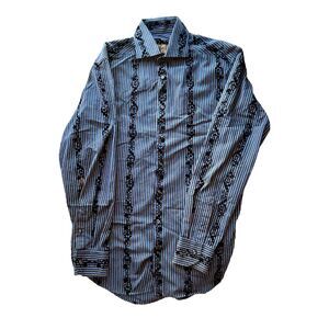 Blue by Pronto Uomo Men's L/S Crushed Velvet Detailing Black Blue Striped Sz LT